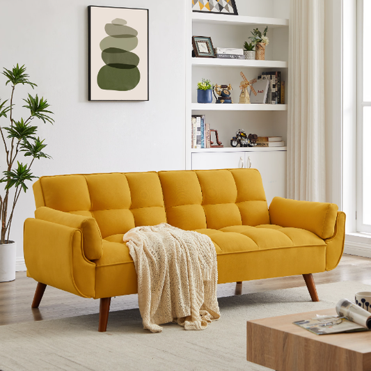 Yellow Fabric Sofa for Home Use – Linen Upholstery, Contemporary Design