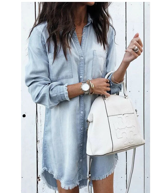 Fringe Denim Shirt – V-Neck Casual Chic in Light Blue, Blue & Army Green (S–XL)