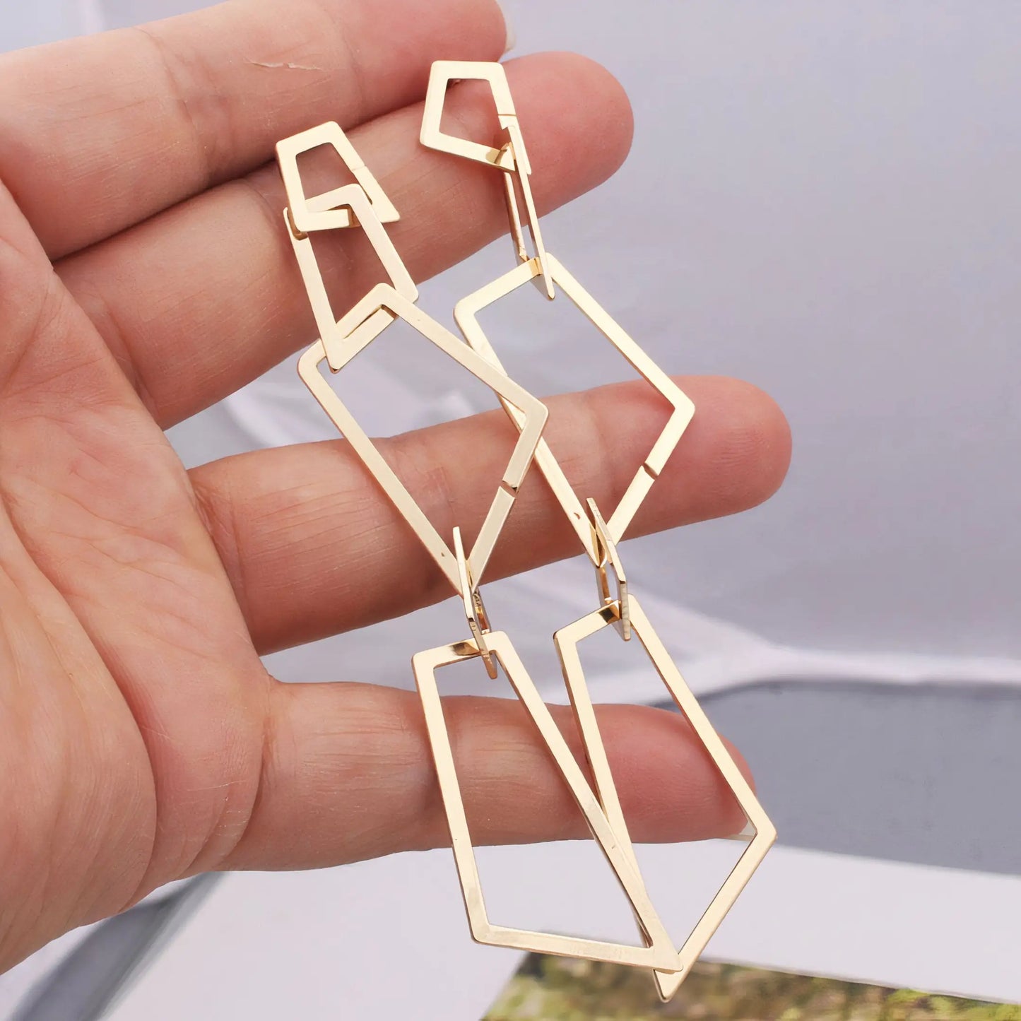 Hollow Rectangle Drop Earrings – Geometric Dangle Design in Gold or Silver Plating