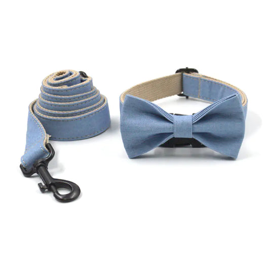 Buckle Lettering Deep Denim Pet Collar Dog Leash Bow Set – Stylish Comfort in a Denim-Inspired Look