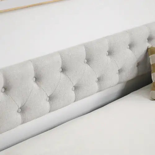 Double Sofa Bed with Double Roller – Tufted Upholstered Sofa with Button Back and Brass Studs on Wavy Arms, Beige (80.5"x41"x30.5")
