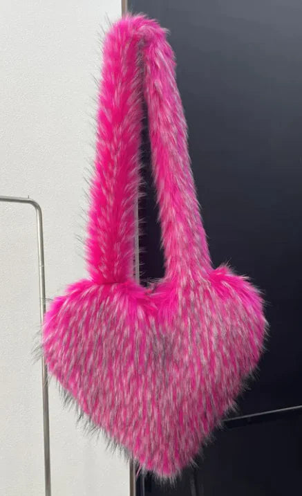 Women Heart Shape Faux Fur Fleece Shoulder Bag