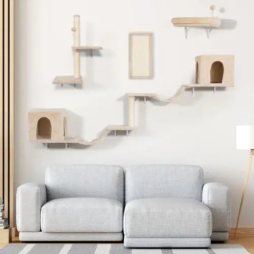 Wall-Mounted Cat Tree with 2 Apartments, 3 Ledges, 2 Ladders & Sisal Scratcher – Modern Space-Saving Cat Furniture for Climbing, Scratching & Lounging