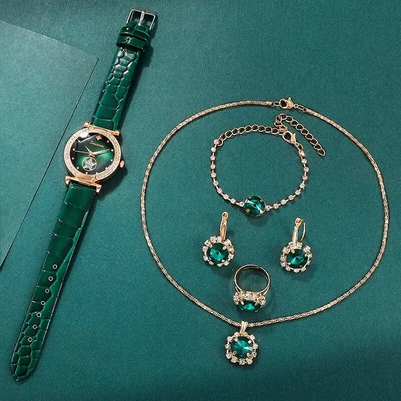 Complete Your Look with the Elegant Jewelry Green Luxury Quartz Watch Set