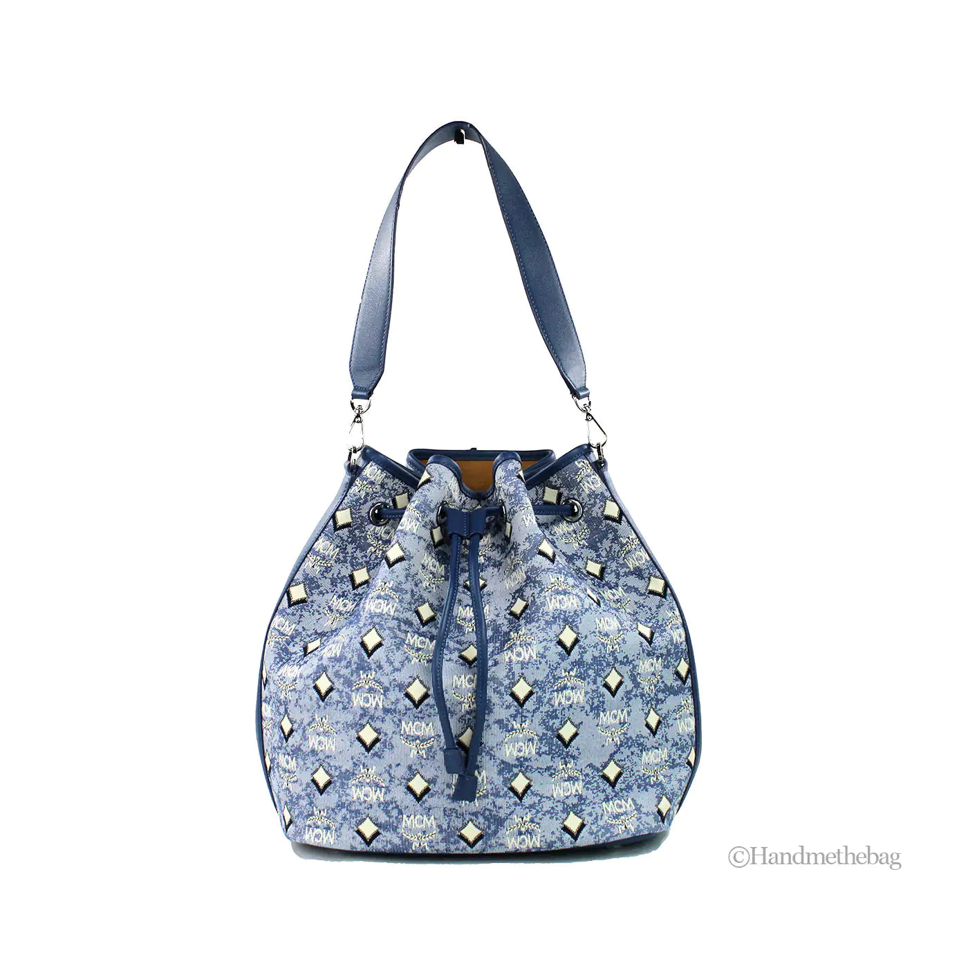 MCM Large Blue Vintage Denim Drawstring Bucket Handbag – Logo Fabric & Leather Trim