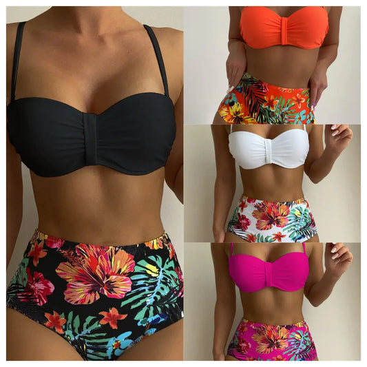 High-Waisted Floral Bikini – New Style Backless Two-Piece (Sizes S–L)