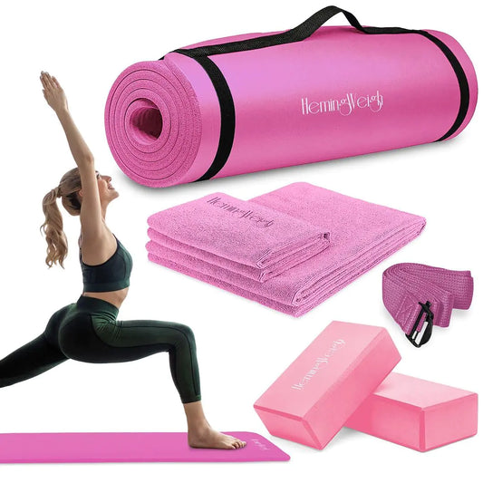 Pink Yoga Mat Set for Beginners – Includes Yoga Strap, 2 Yoga Blocks, 2 Microfiber Towels & Mat