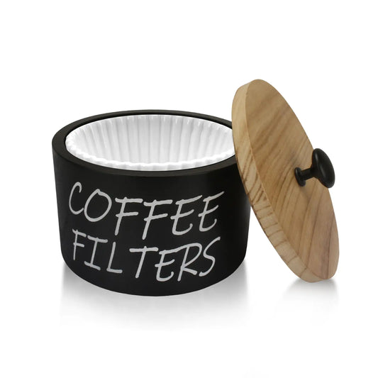 Coffee Filter Holder Large Capacity Coffee Filter Storage Container with Wood Lid – Black