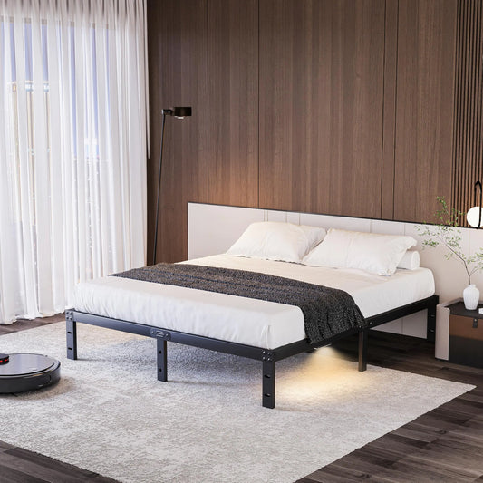 7-Inch Low Bed Frame King with LED Night Light – Metal Platform, No Box Spring Needed, Easy Assembly, Noise-Free, Black