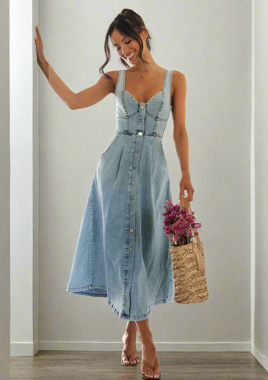 Urban Charm Denim Midi Dress: Effortless Style for Every Occasion