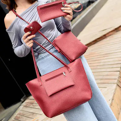 4-in-1 Handbag Set – Glamorous Vegan Leather Tote, Crossbody, Wristlet, and Cardholder