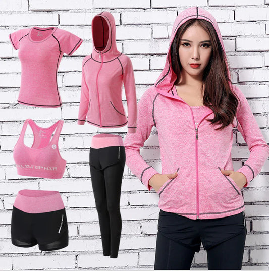 Women's 5-Piece Yoga and Fitness Suit Set – Bra, Shirt, Shorts, Leggings & Jacket – Activewear for Yoga, Gym & Athleisure – Available in Black, Green, Pink (S–3XL)