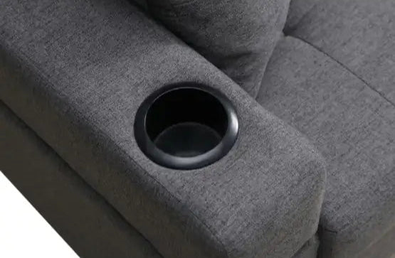 Fabric Sectional Sofa – Grey Upholstered L-Shaped Sofa with Cup Holders and Pillows