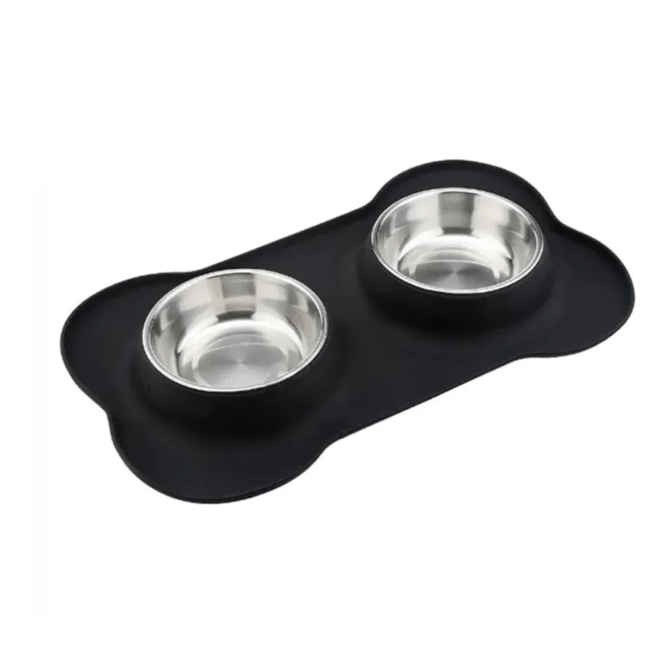 Bone-Shaped Silicone Pet Bowl Mat with Stainless Steel Bowls