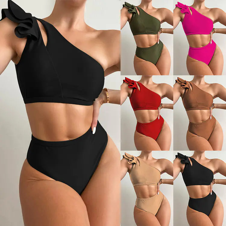 One-Shoulder Ruffled High Waist Bikini – Sexy, Sleek Swimwear in Vibrant Colors (Sizes S–L)
