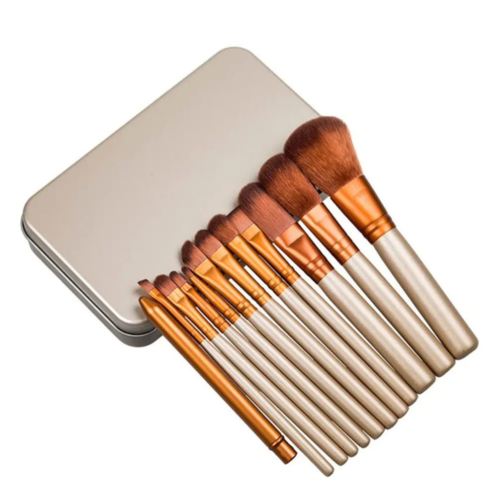 12-Piece Makeup Brush Set in Iron Box – Professional Quality, Travel-Friendly Design (Gold Finish)