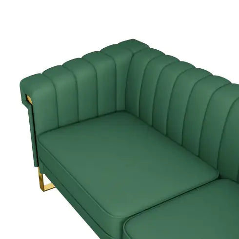 Modern Green PU Sofa with Gold Accents – Channel-Tufted 3-Seater for Living Room & Office