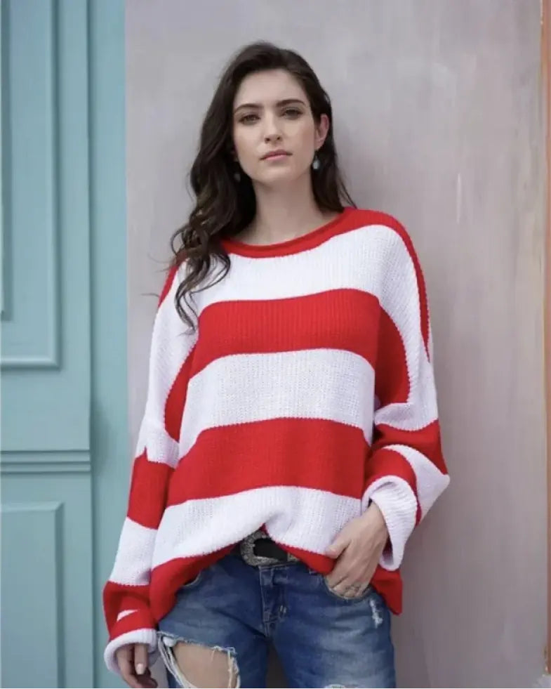 Women’s Striped Colorblock Sweater – Bold Multi-Tone Knit, Relaxed Fit, Soft Fabric (S–XL)