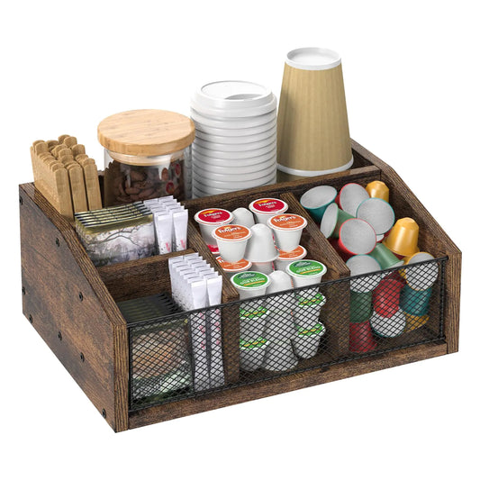 Rustic Wooden Coffee Bar Station Organizer – 5-Compartment Coffee and Tea Condiment Holder for Countertop