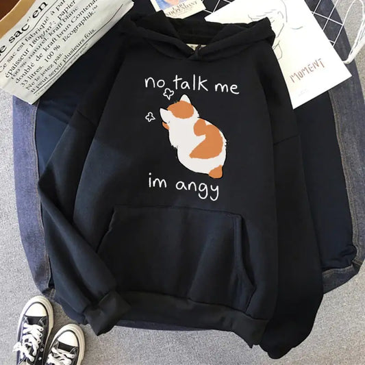 "No Talk Me" Cute Angry Cat Print Women Hoodie – Bold Feline Attitude Meets Streetwear Style