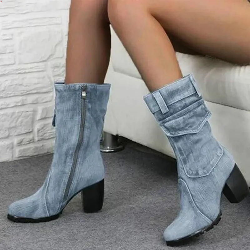 Denim Mid Boots – Thick Heel Fashion Boots with Side Zipper & Metal Accents (US 5–10.5)