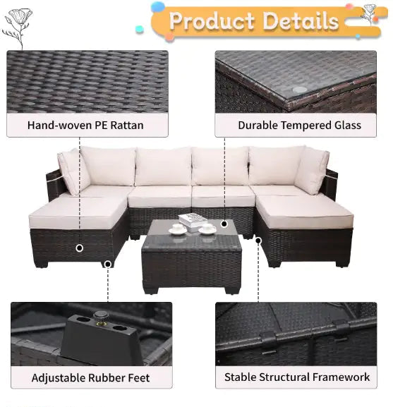 Outdoor Garden Patio Furniture 7-Piece PE Rattan Sofa Set with Cushions & Coffee Table – Beige