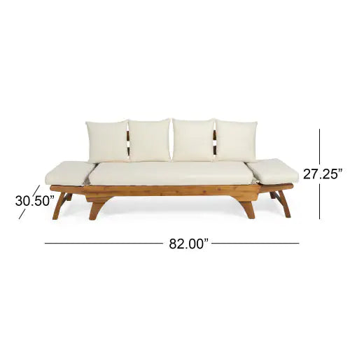 Serene Sun Bed – Teak Acacia Wood Frame with Expandable Design and Waterproof Cushions (Full Size, 65"–82" Adjustable Width)
