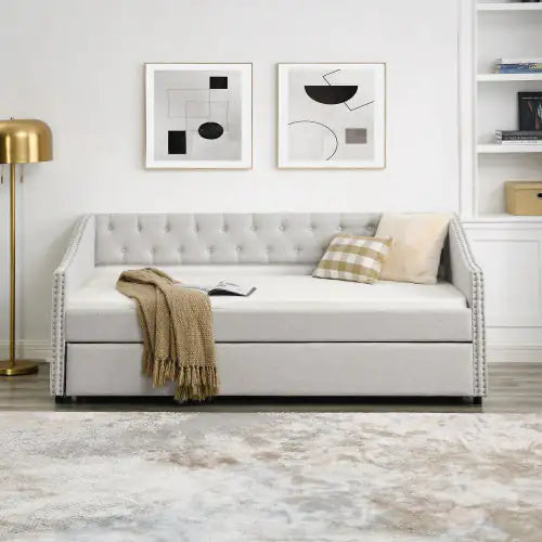 Double Sofa Bed with Double Roller – Tufted Upholstered Sofa with Button Back and Brass Studs on Wavy Arms, Beige (80.5"x41"x30.5")