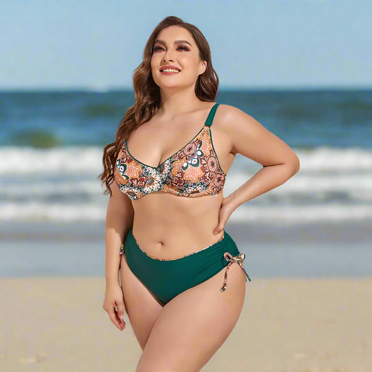 Plus-Size Floral Two-Piece Swimsuit – Elegant, Comfortable Fit in Bold Summer Prints (Sizes L–4XL)
