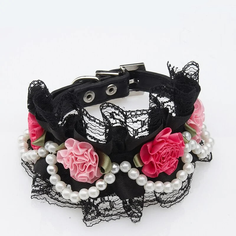 Fancy Leather Dog Collar – Crystal Rhinestone Buckle with Lace & Pearls for Small to Medium Dogs