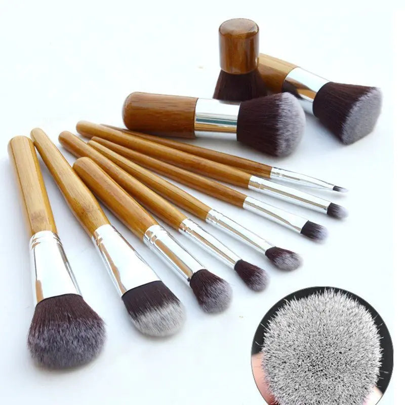 11-Piece Wooden Color Makeup Brush Set – Premium Rayon Bristles with Bamboo Handles