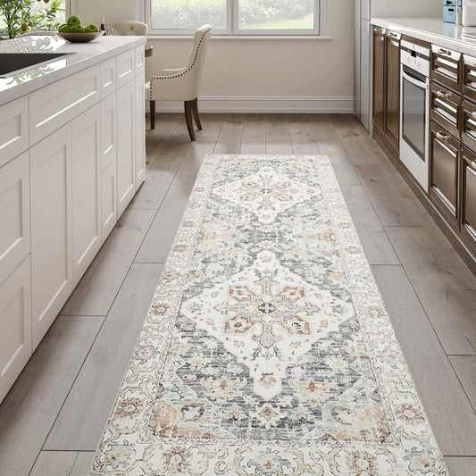 Vintage Distressed 3x10 Area Rug Runner – Washable Grey Taupe Soft Hallway Rug with Non-Slip Backing for Kitchen, Bedroom, Bathroom, Laundry, Living Room