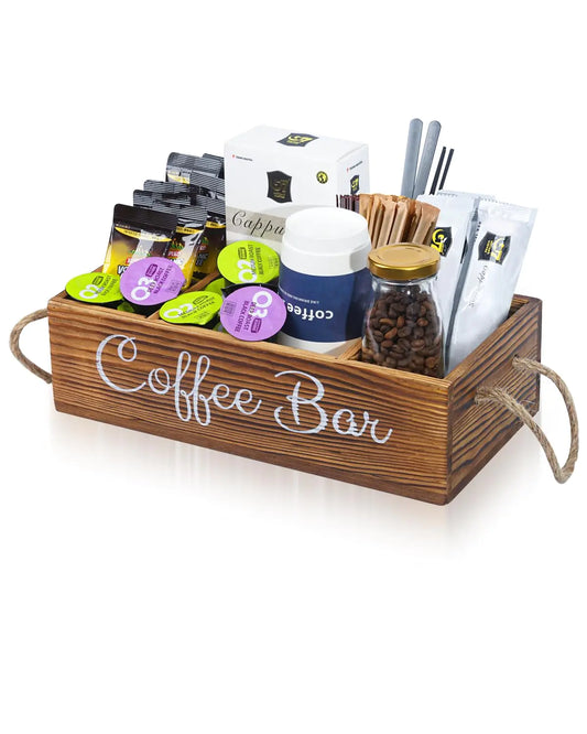 Wooden Coffee Station Organizer for Countertop – Brown Rustic Coffee Bar Tray with Removable Dividers & Handles