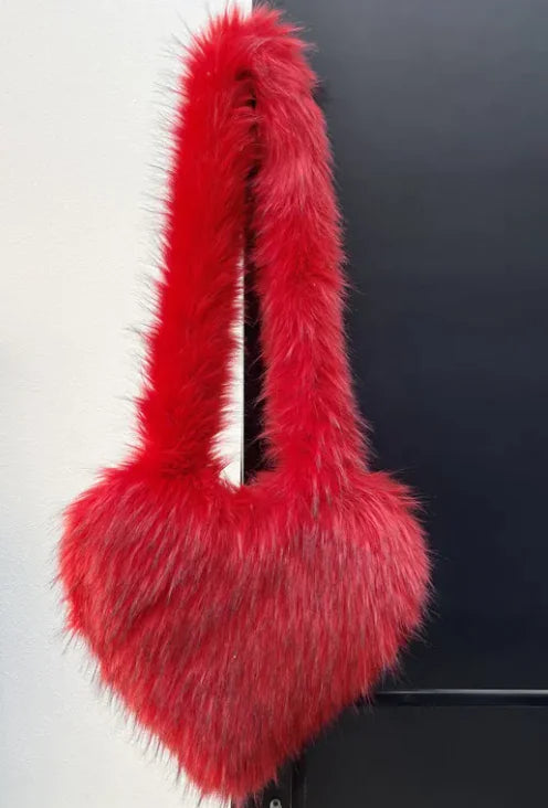 Women Heart Shape Faux Fur Fleece Shoulder Bag