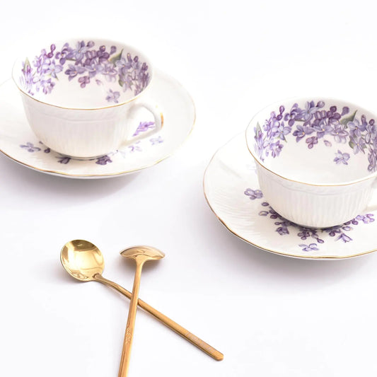 Vintage Floral Porcelain Tea Cup and Saucer Set – Lilac Bone China with Gold Trim (Includes Spoon & Gift Box)