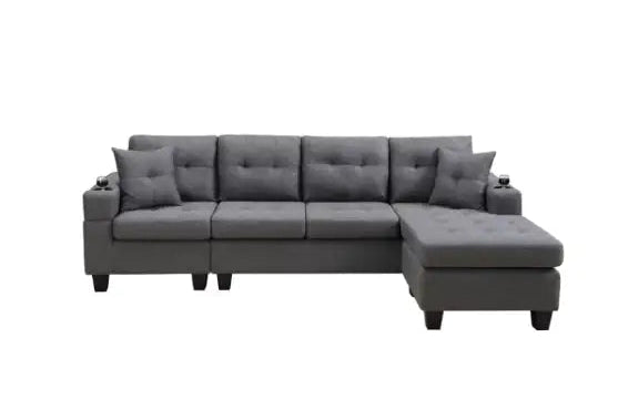 Fabric Sectional Sofa – Grey Upholstered L-Shaped Sofa with Cup Holders and Pillows