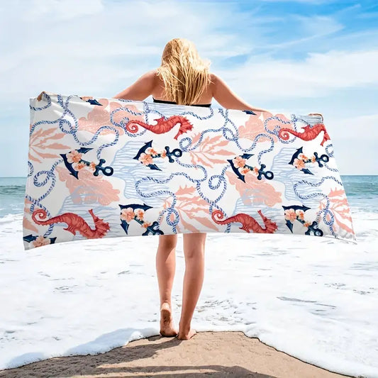 Seahorse Anchor Print Beach Towel – Oversized, Sand-Free, and Stylish for Summer Adventures