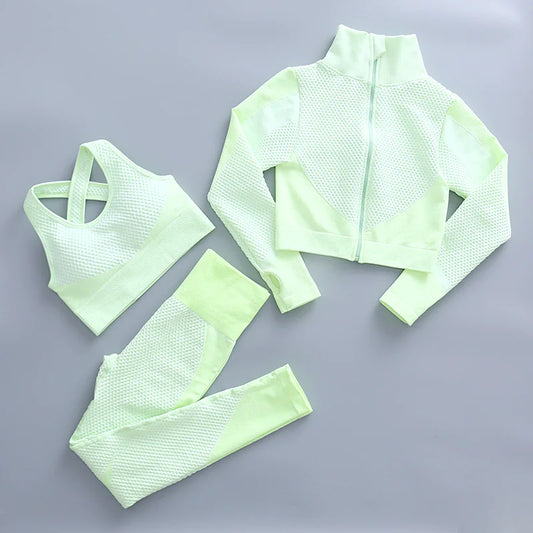 3-Piece Yoga Set – High-Waist Leggings, Sports Bra, and Long-Sleeve Jacket