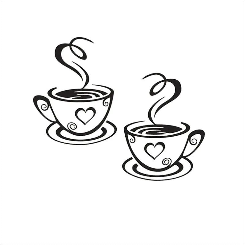 Coffee Cups Wall Stickers 2x – Kitchen & Bar Area Vinyl Decal, Black, 12.2"x7.4"