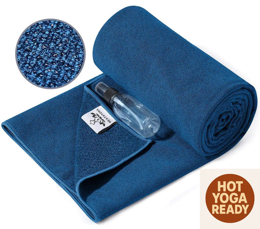 Hot Yoga Towel Non Slip with Silicone Grip &amp; Spray Bottle – Blue (72"x26")