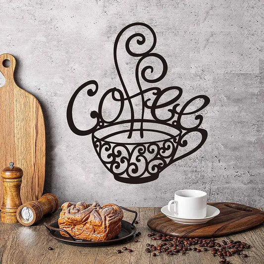 Coffee Cup Metal Wall Decor – 1 PCS Black Iron Coffee Bar Art (27x29cm / 10.6"x11.4")