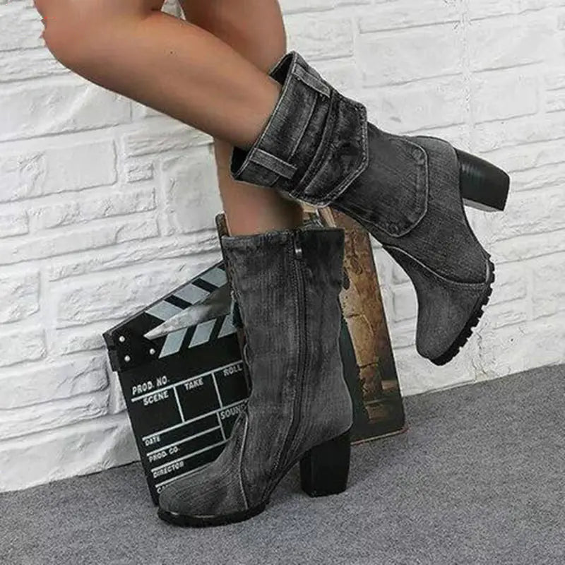 Denim Mid Boots – Thick Heel Fashion Boots with Side Zipper & Metal Accents (US 5–10.5)