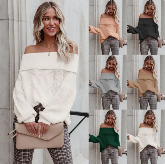 Women’s Chic Off-Shoulder Cable Knit Sweater (Twisted Pattern, S–XL, Multiple Colors)