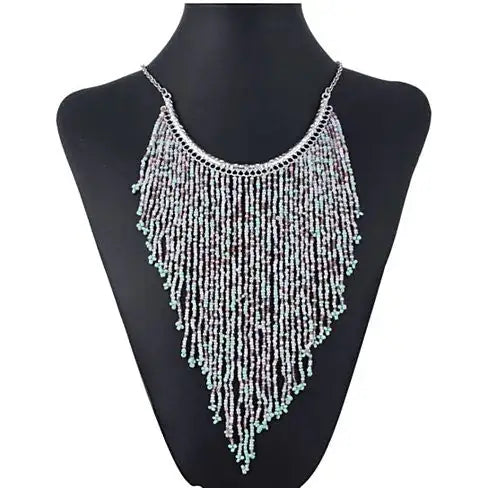 Bohemian Beads Waterfall Necklace – Handcrafted Turquoise or Silver Beads with Golden Accents (18" Chain + 10" Waterfall Drop)