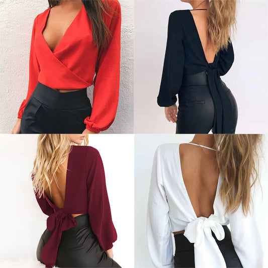 Knot Detail Long Sleeve Slim Fit Top – Sexy Waist Cutout (Black, White, Wine Red)