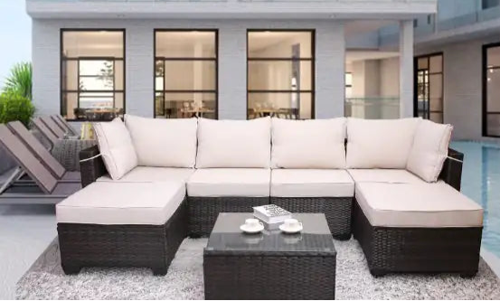 Outdoor Garden Patio Furniture 7-Piece PE Rattan Sofa Set with Cushions & Coffee Table – Beige