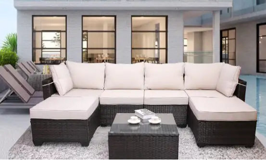 Outdoor Garden Patio Furniture 7-Piece PE Rattan Sofa Set with Cushions & Coffee Table – Beige
