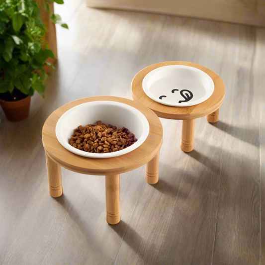 Elevated Bamboo &amp; Ceramic Pet Bowl – Ergonomic Design for Cats and Dogs