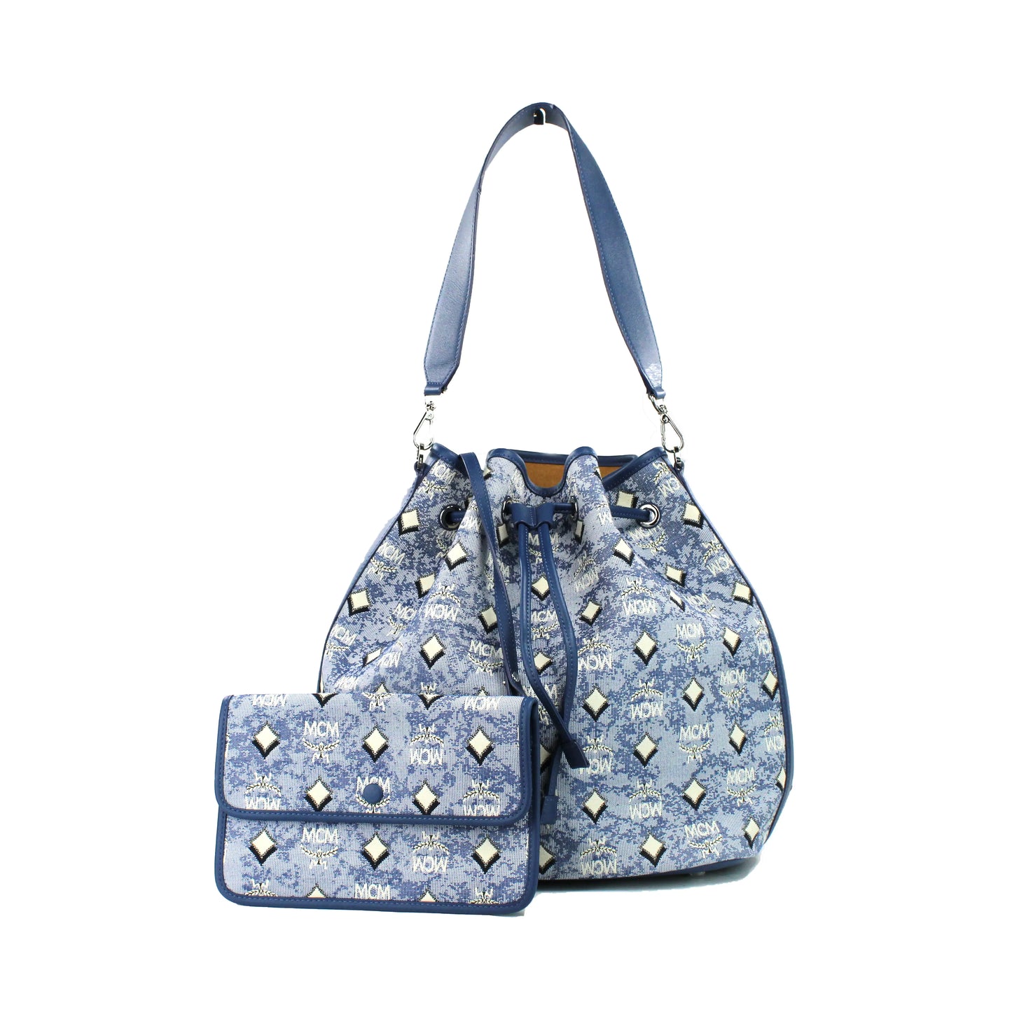 MCM Large Blue Vintage Denim Drawstring Bucket Handbag – Logo Fabric & Leather Trim