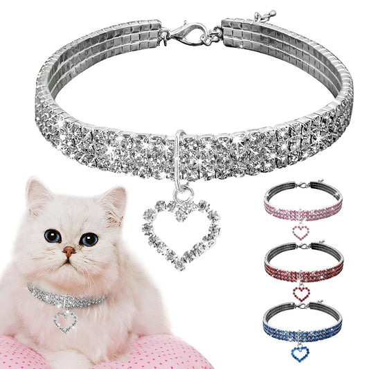 Heart-Shaped Rhinestone Dog & Cat Collar – Sparkling Alloy Pet Necklace for Everyday Glamour